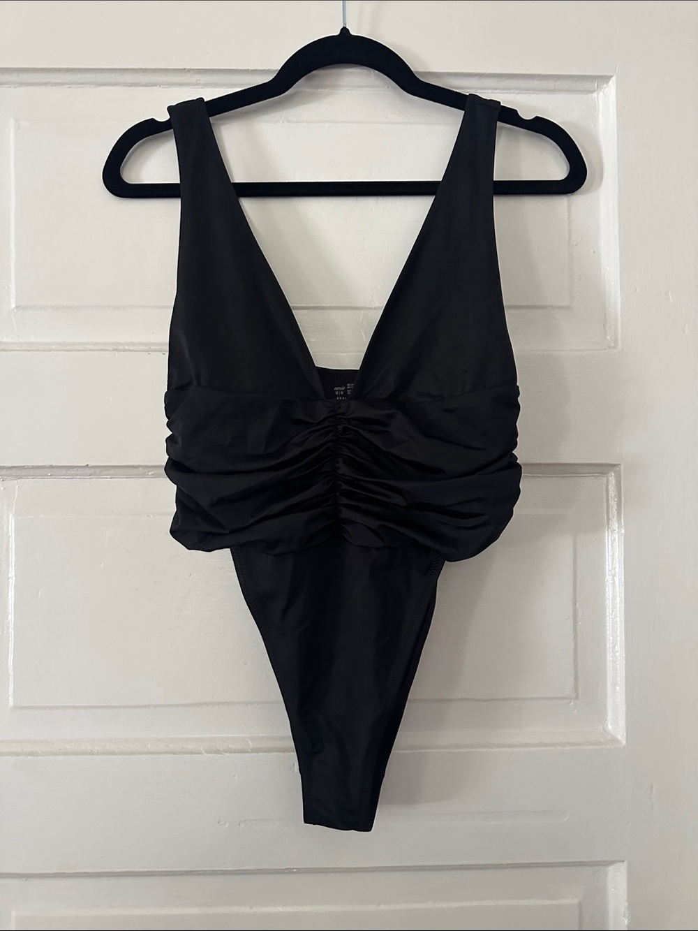 aerie Black Ruched V-Neck One-Piece Swimsuit